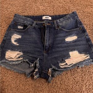 Distressed High-Rise Denim Shorts in Dark Blue